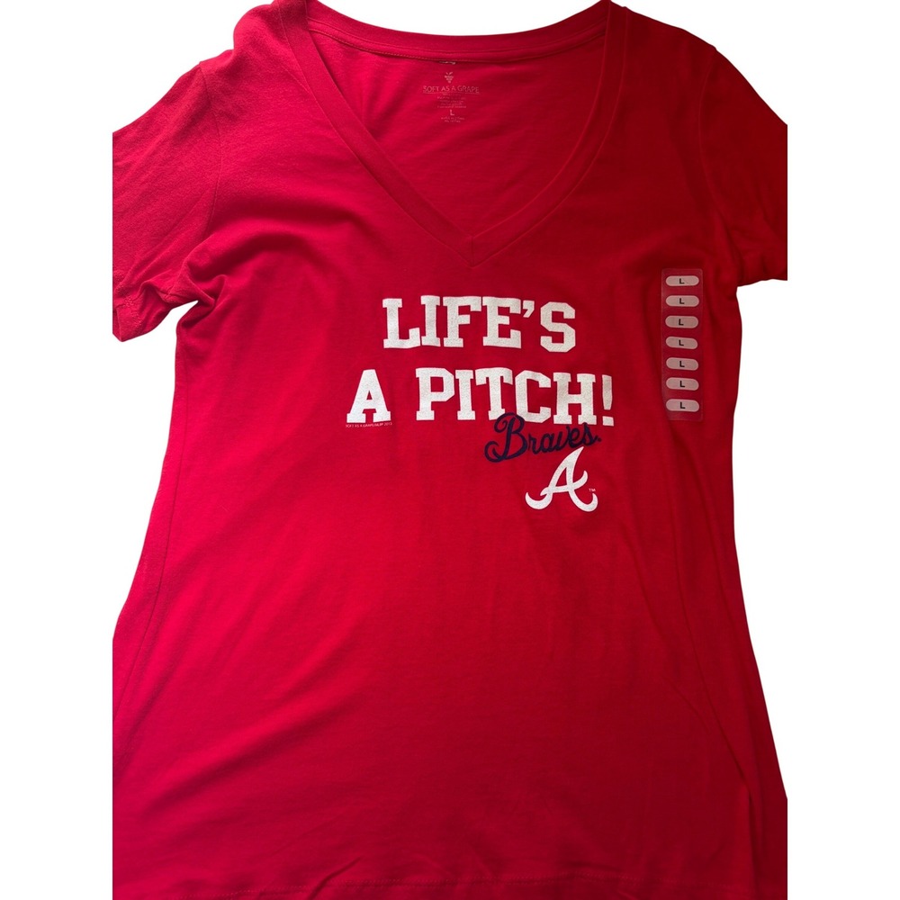 New Atlanta Braves Lifes A Pitch Red Plunge V-Neck Graphic T-Shirt Large Soft‎